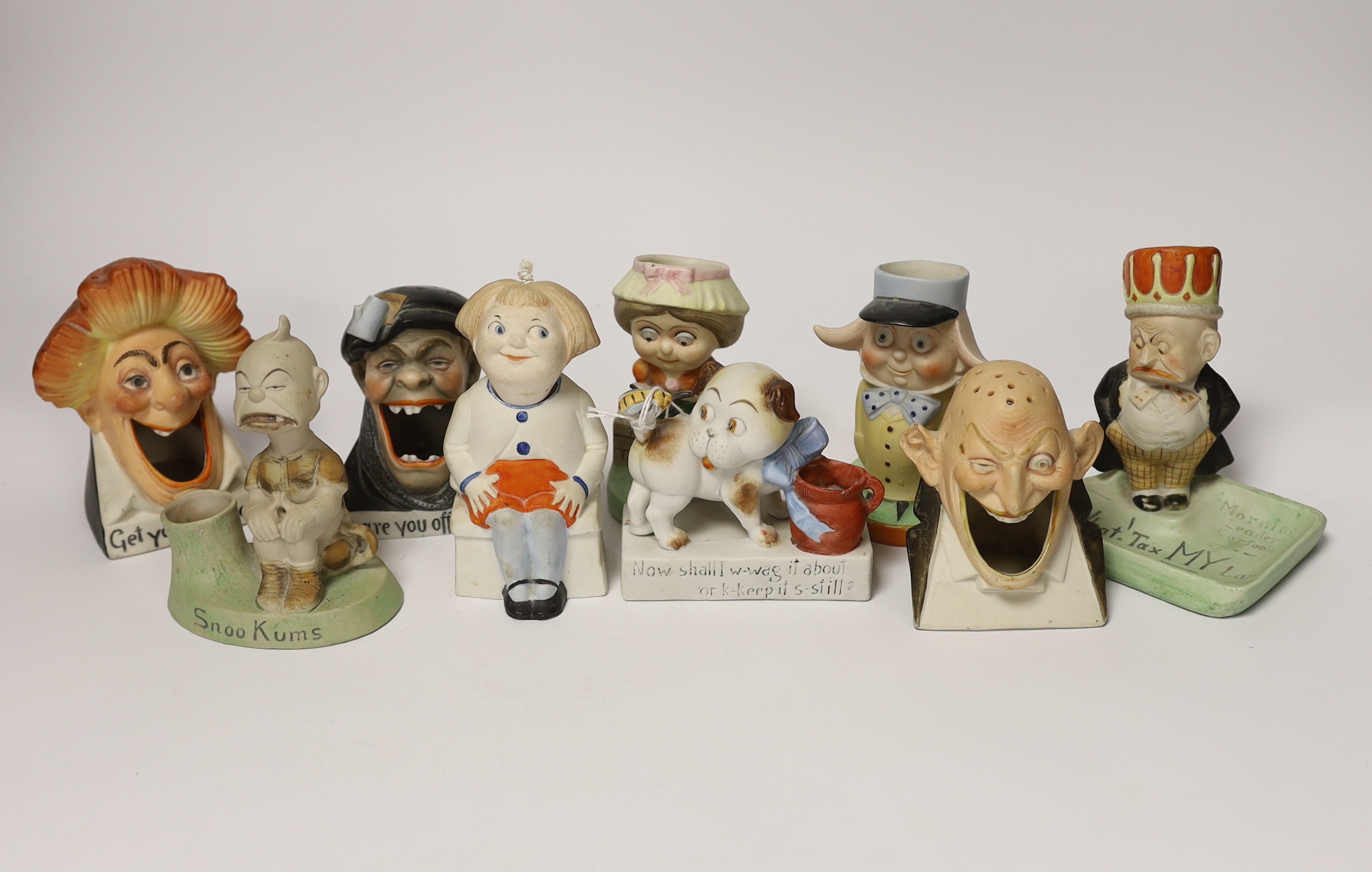 Nine German Schafer and Vater bisque porcelain figures including ‘Snoo Kums’ and ‘Get Your Hair Cut’, largest 12cm high